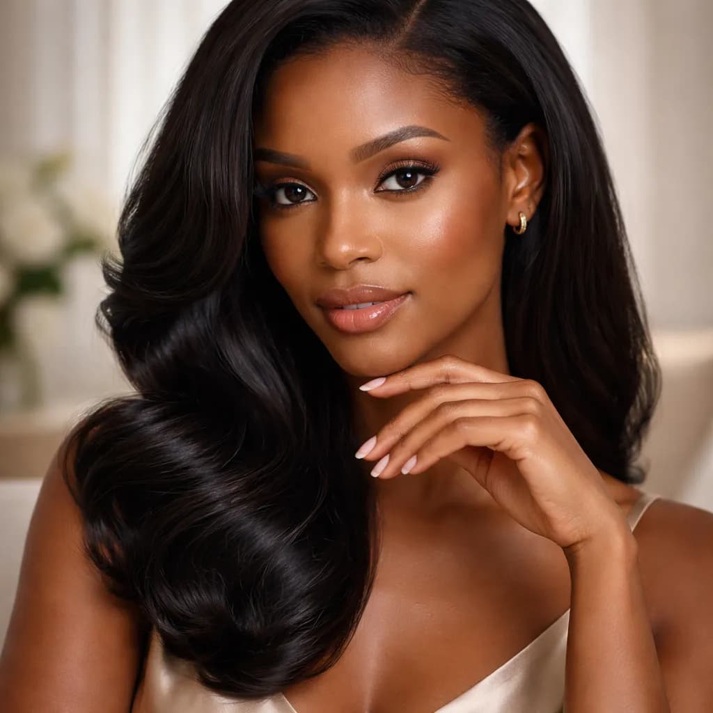 Femme africaine moderne avec brushing souple et main soignée de manucure classique