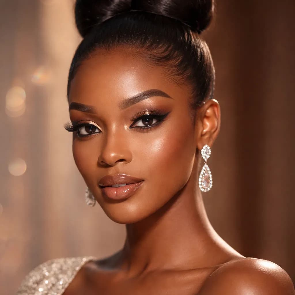 Femme africaine moderne avec chignon sophistiqué, maquillage du soir et faux cils