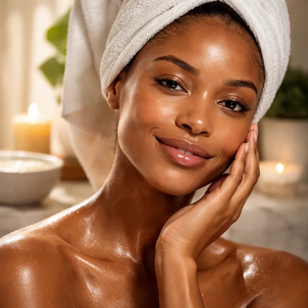 Visage de femme africaine en rituel spa avec peau lumineuse après pack glow mini