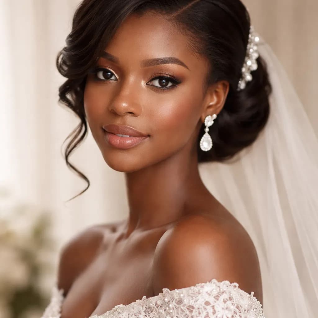 Mariée africaine avec coiffure élégante et maquillage lumineux