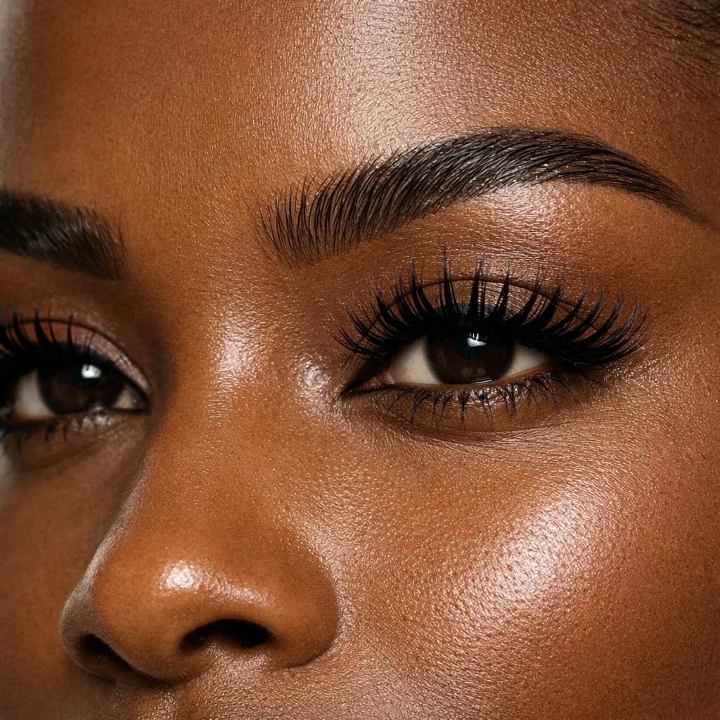 Très gros plan sur le regard d’une femme africaine avec brow lift et cils sublimés