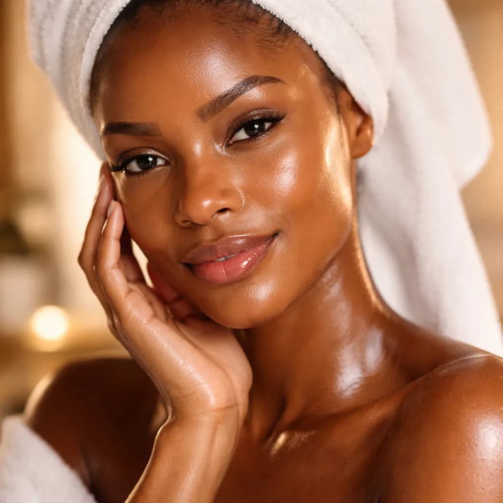 Visage lumineux d’une femme africaine après nettoyage de peau et soin éclat
