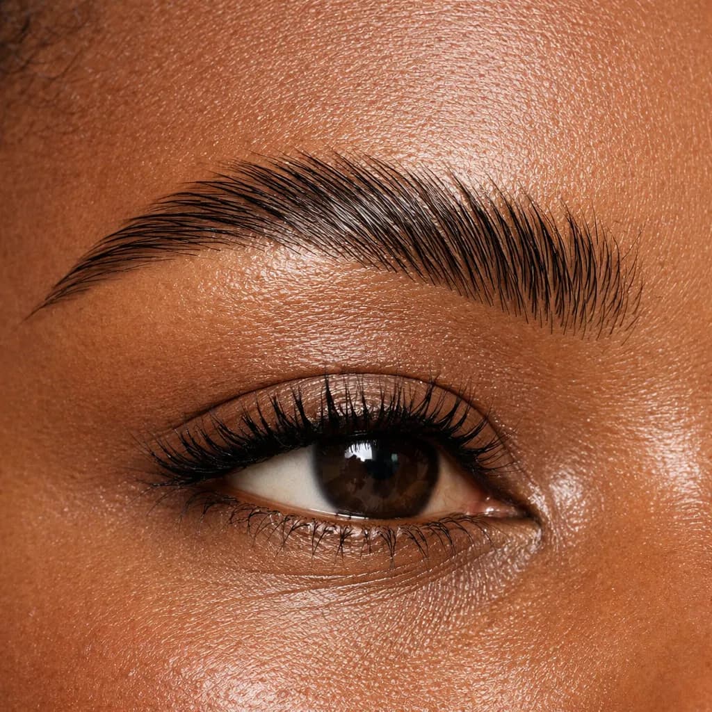 Macro sur les sourcils d’une femme africaine après un brow lift laminé