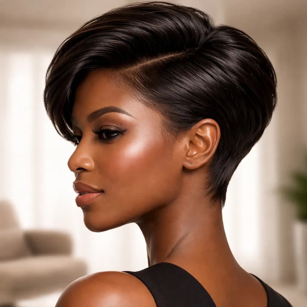Portrait 3/4 d’une femme africaine avec brushing cheveux courts lisse et brillant