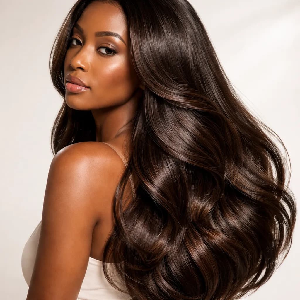 Portrait 3/4 d’une femme africaine avec brushing cheveux longs souples et brillants