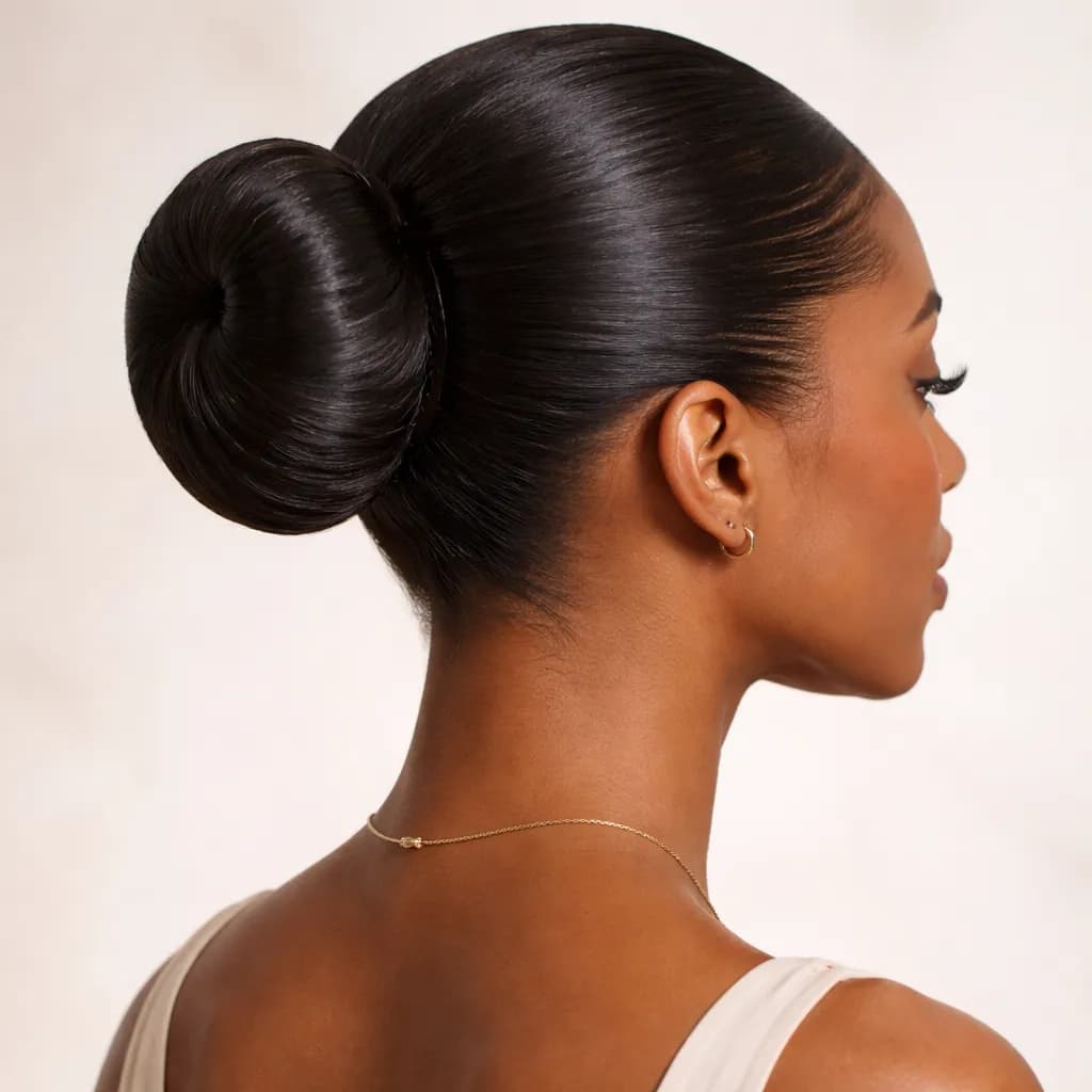 Vue arrière 3/4 d’une femme africaine avec chignon simple propre et élégant
