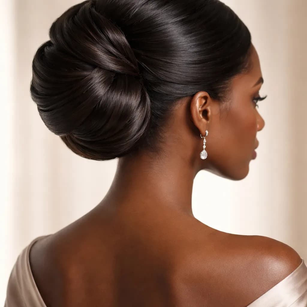 Vue arrière 3/4 d’une femme africaine avec chignon sophistiqué de cérémonie