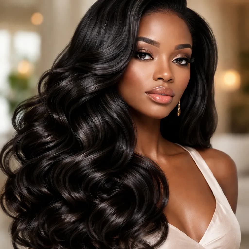 Portrait 3/4 d’une femme africaine avec coiffure wavy aux boucles définies