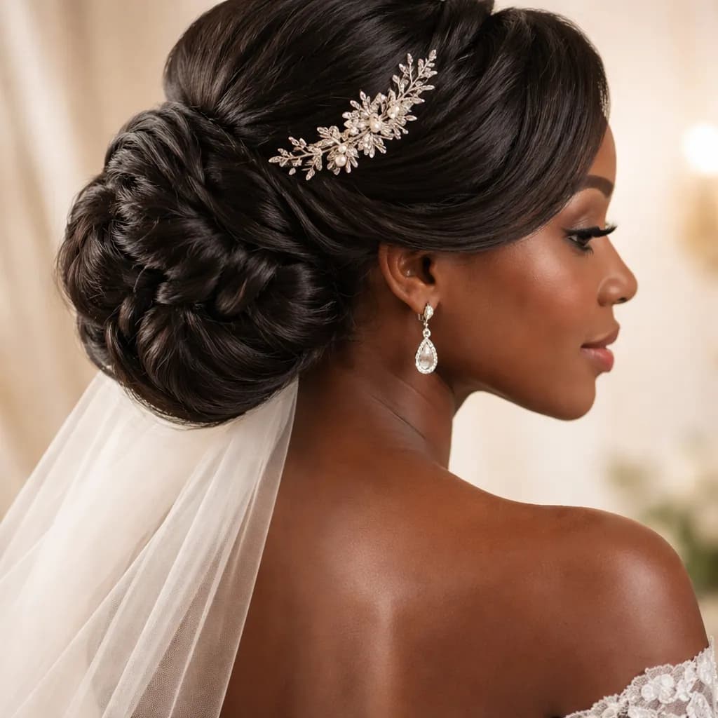 Vue arrière 3/4 d’une femme africaine avec coiffure de mariée élégante