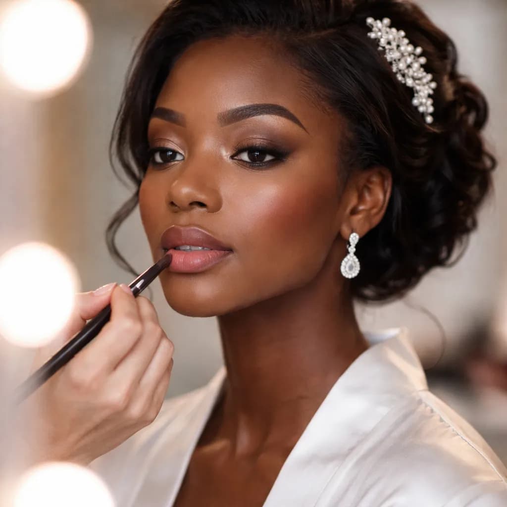 Visage de femme africaine pendant un essai de maquillage de mariée devant miroir