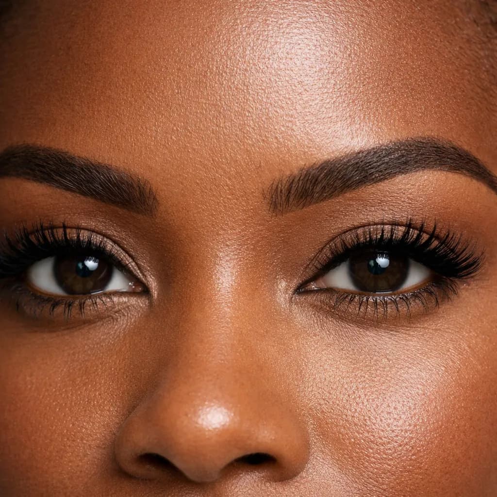 Macro sur le regard d’une femme africaine avec sourcils structurés et cils rehaussés