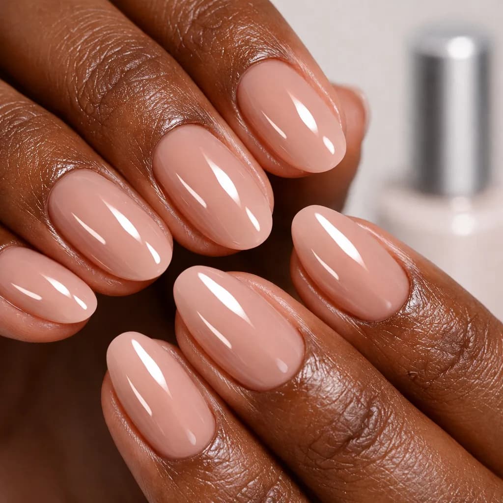 Gros plan sur des mains de femme africaine avec manucure semi-permanente nude brillante