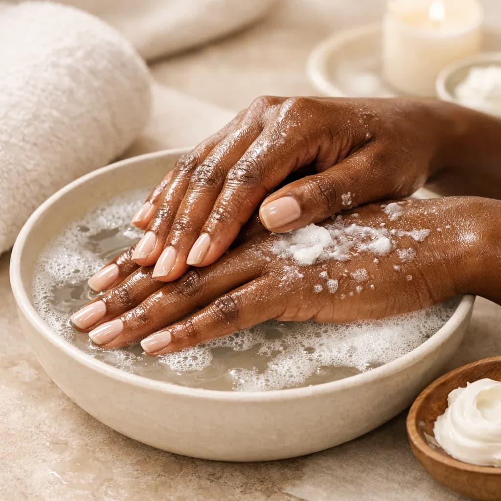 Gros plan sur des mains de femme africaine hydratées dans un rituel de manucure spa
