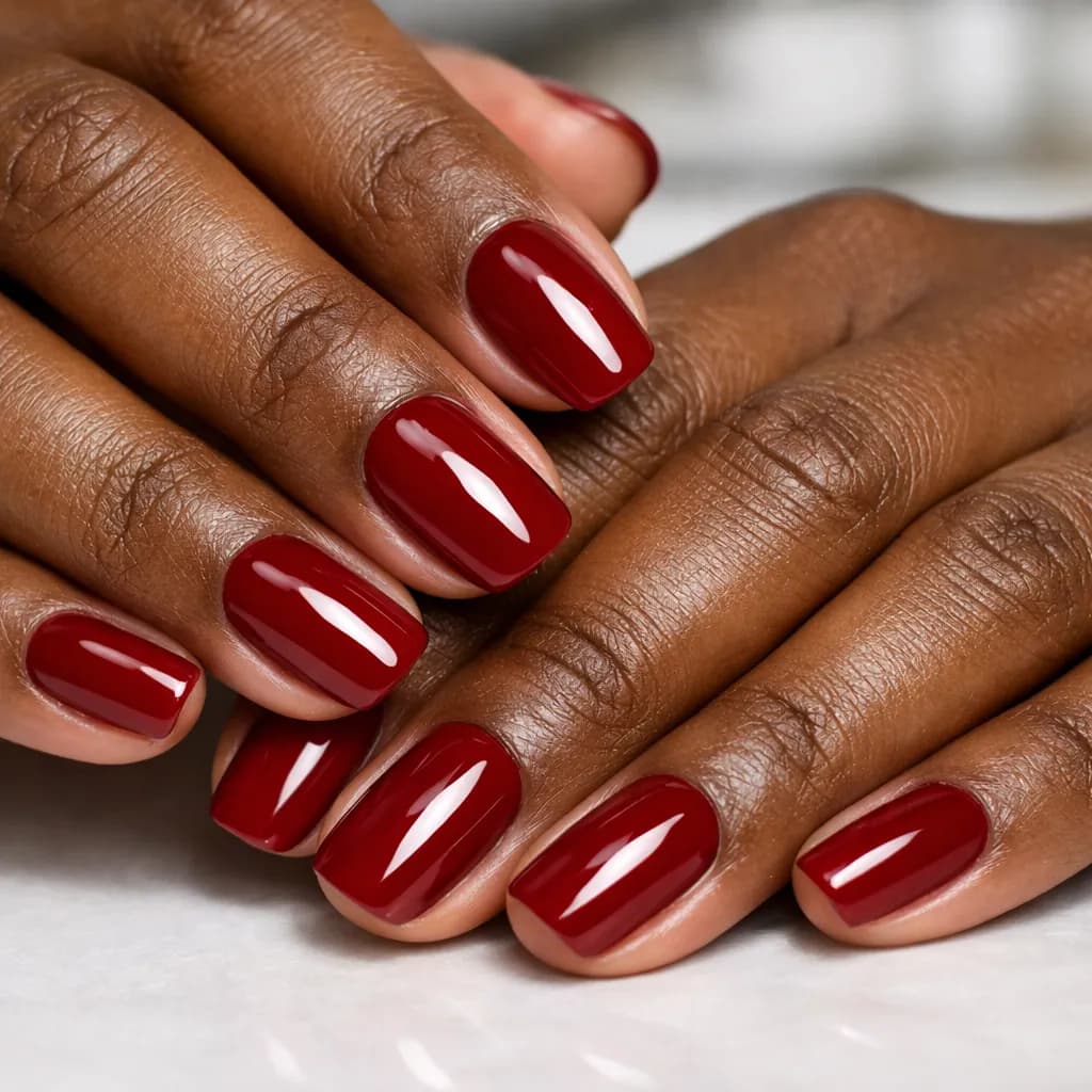 Gros plan sur des mains de femme africaine avec vernis rouge brillant et contours nets après manucure classique