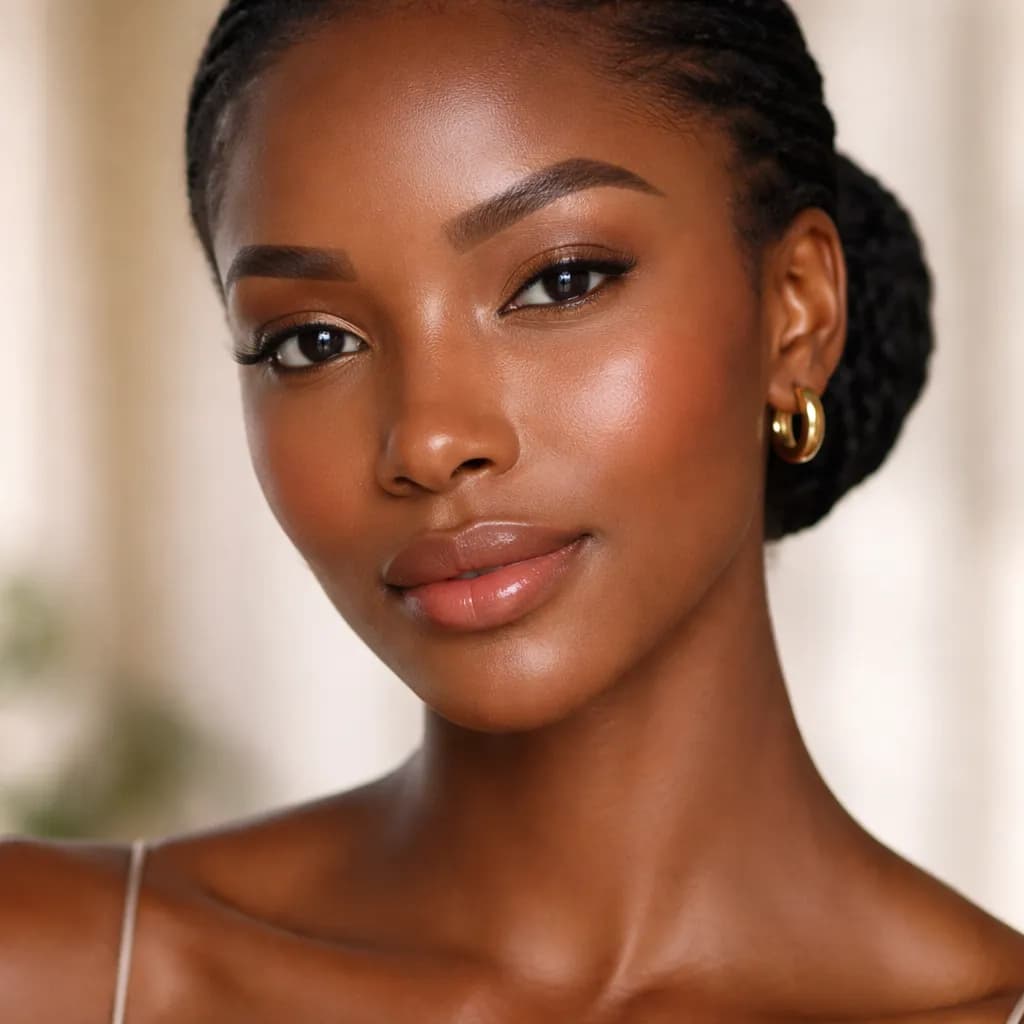 Visage de femme africaine moderne avec maquillage de jour lumineux et naturel
