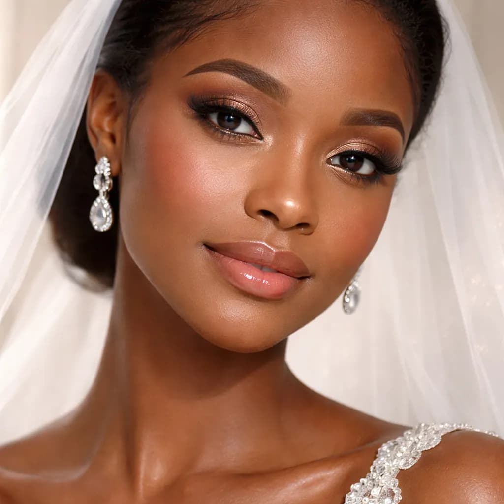 Visage de mariée africaine avec maquillage longue tenue lumineux et élégant