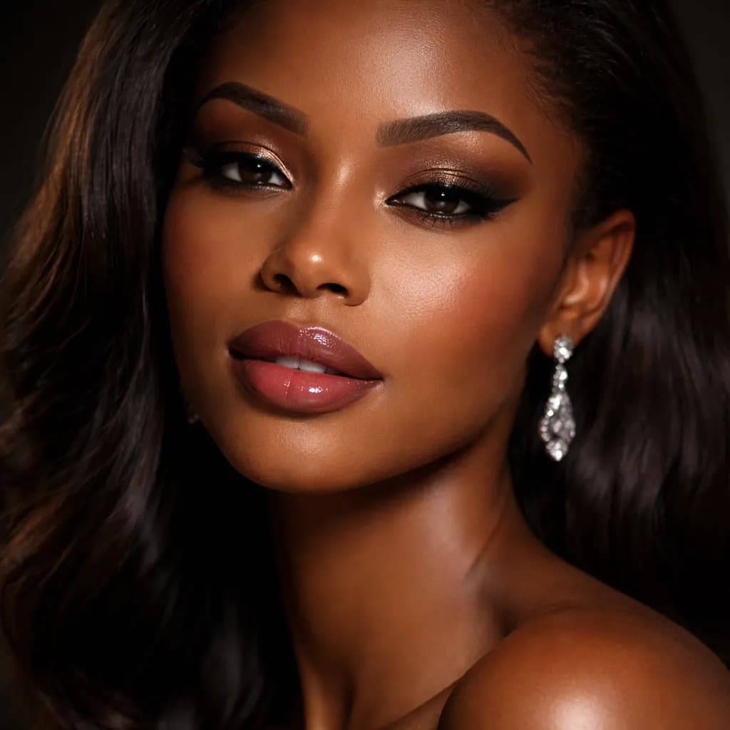 Visage de femme africaine avec maquillage de soirée sophistiqué et teint lumineux