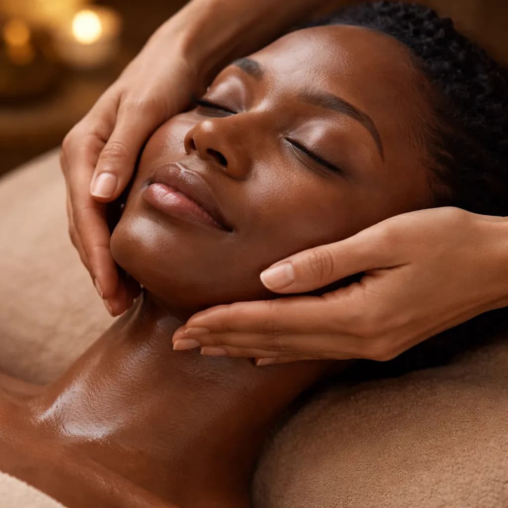 Gros plan sur le visage d’une femme africaine recevant un massage du visage