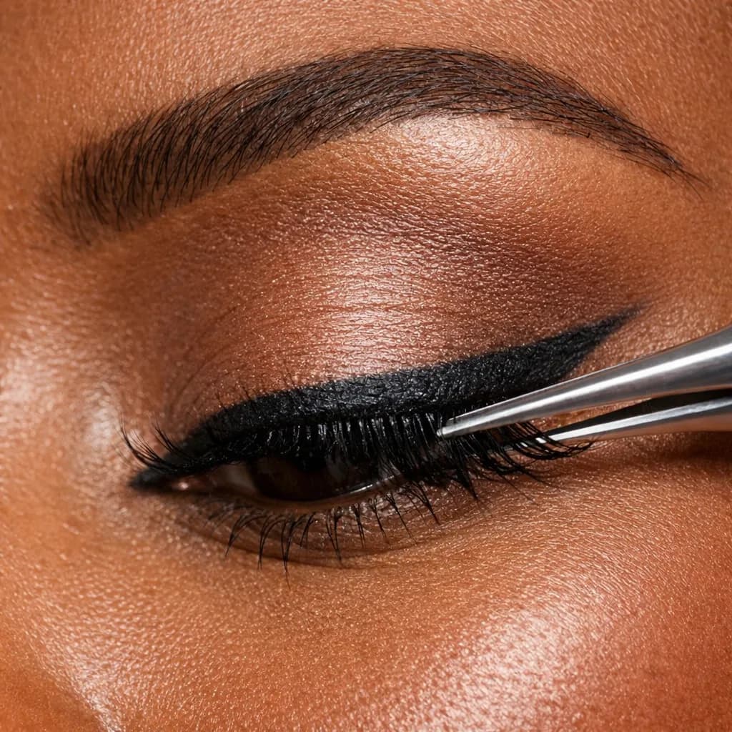 Macro sur l'oeil d'une femme africaine pendant une pose de faux cils sur maquillage