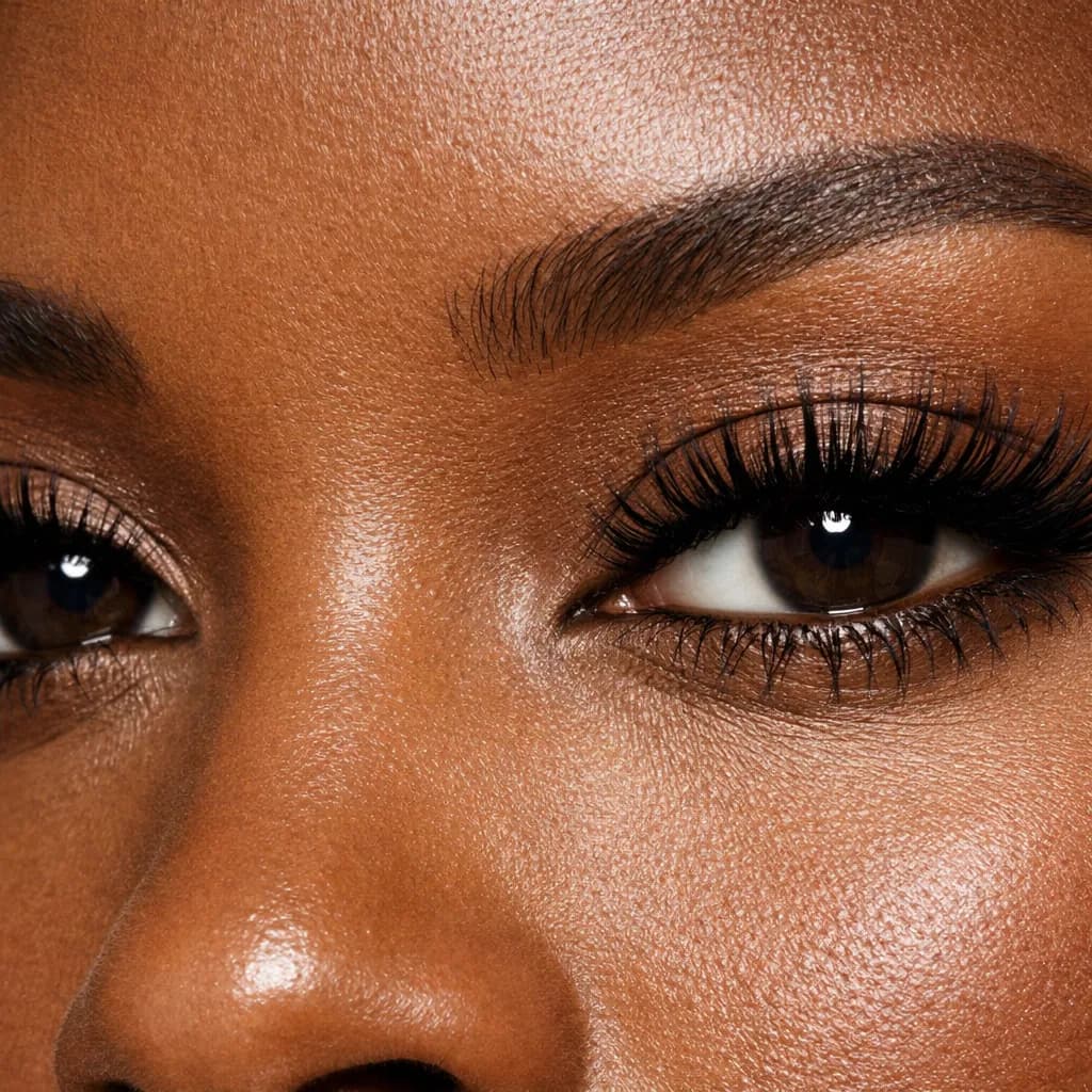 Macro sur les yeux d’une femme africaine avec une pose de faux cils élégante