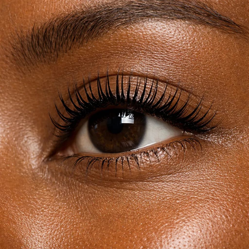 Macro sur l'oeil d’une femme africaine après un rehaussement de cils naturel