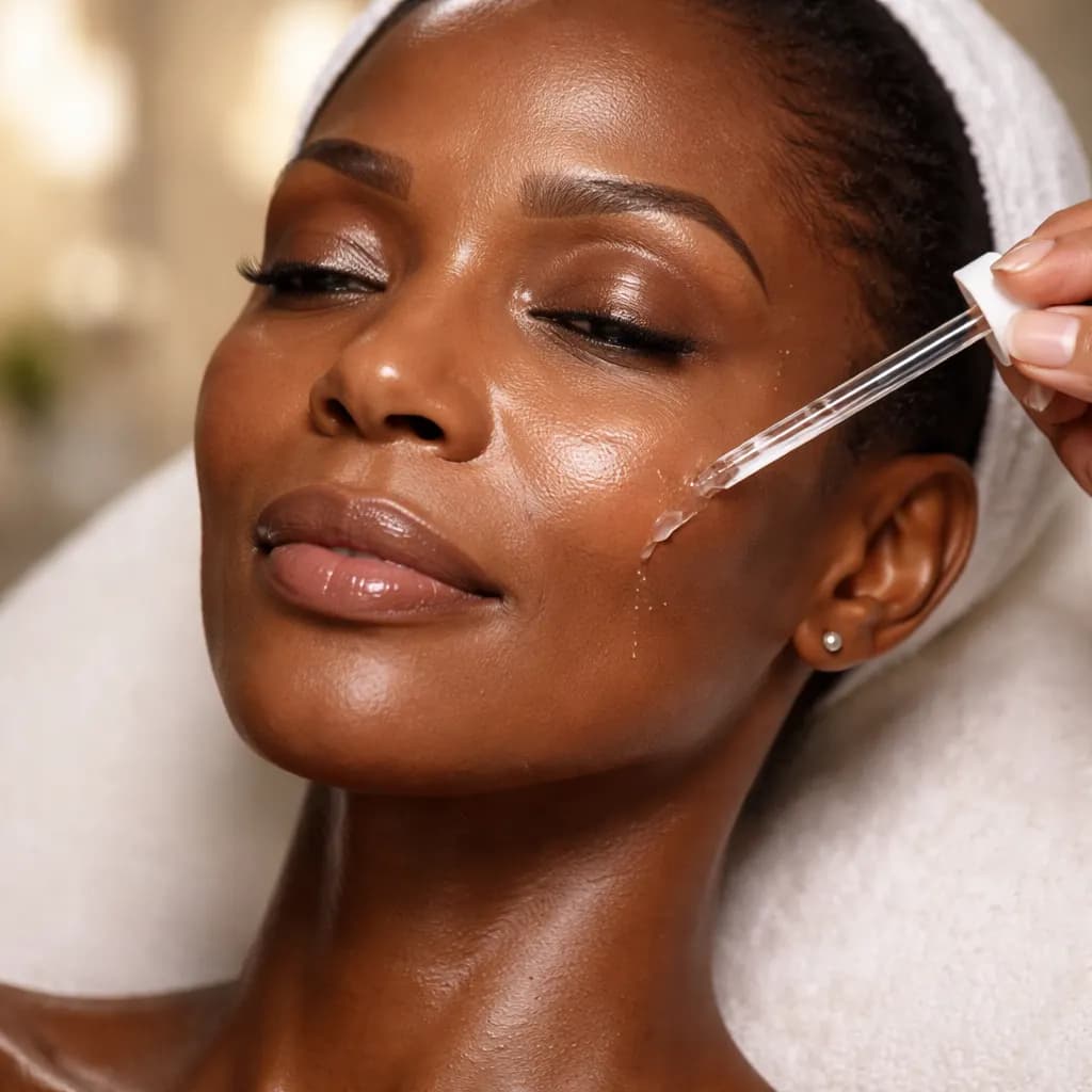 Gros plan sur le visage d’une femme africaine mature pendant un soin anti-âge