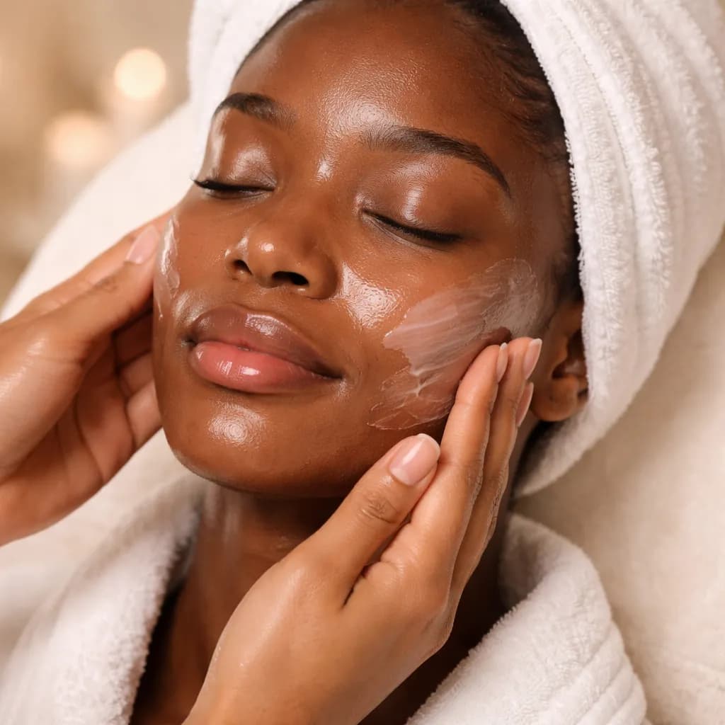 Gros plan sur le visage d’une femme africaine pendant un soin hydratant avec peau lumineuse