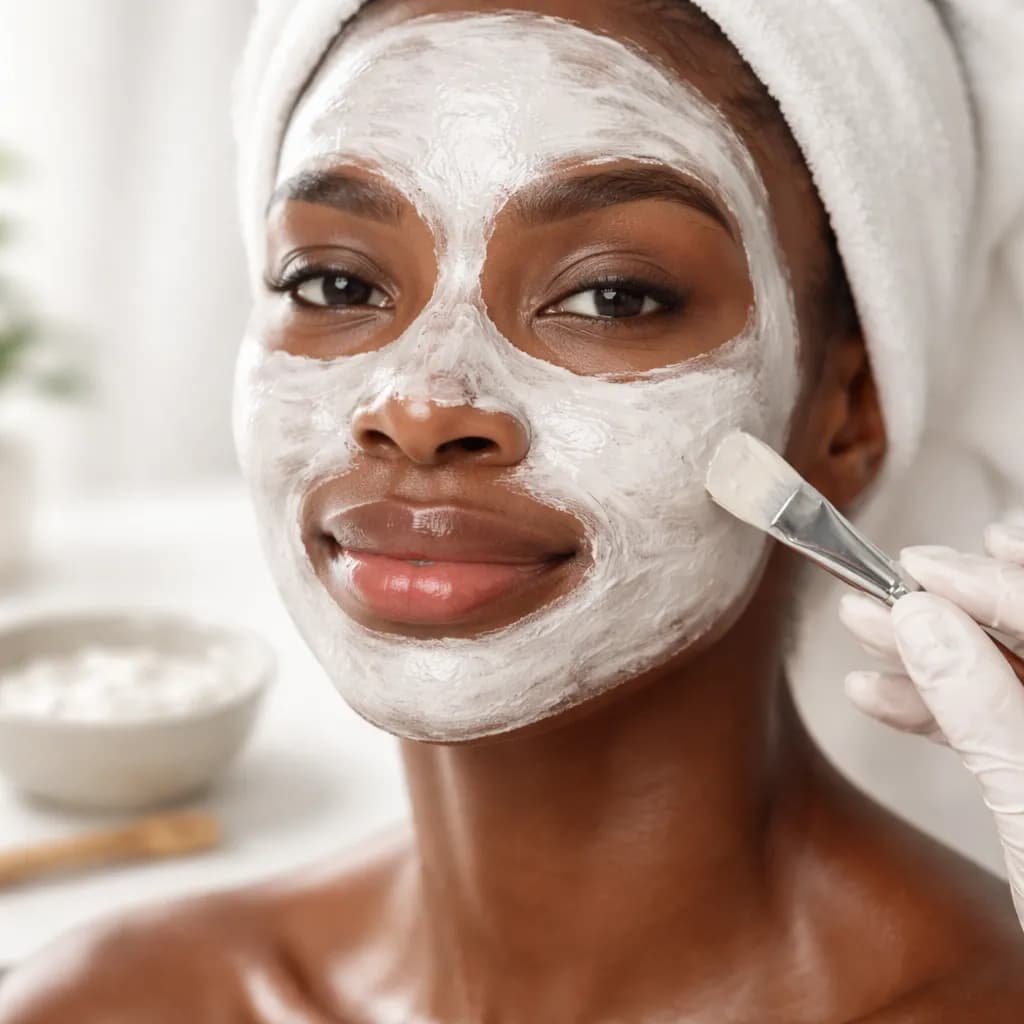 Gros plan sur le visage d’une femme africaine pendant un soin purifiant avec texture de masque visible