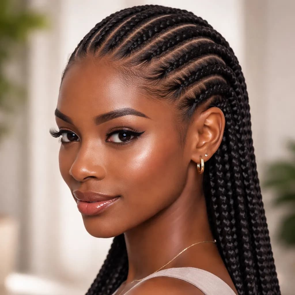 Gros plan 3/4 sur des tresses simples et des raies nettes d'une femme africaine